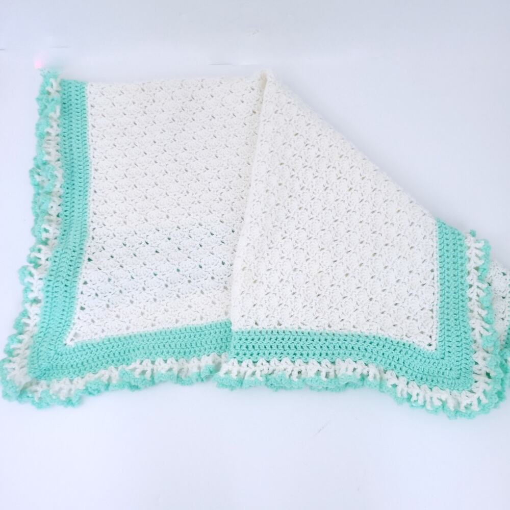 Handmade Crochet Baby Blanket Unisex Girl Boy Cream, Green 34x34, Gender Neutral